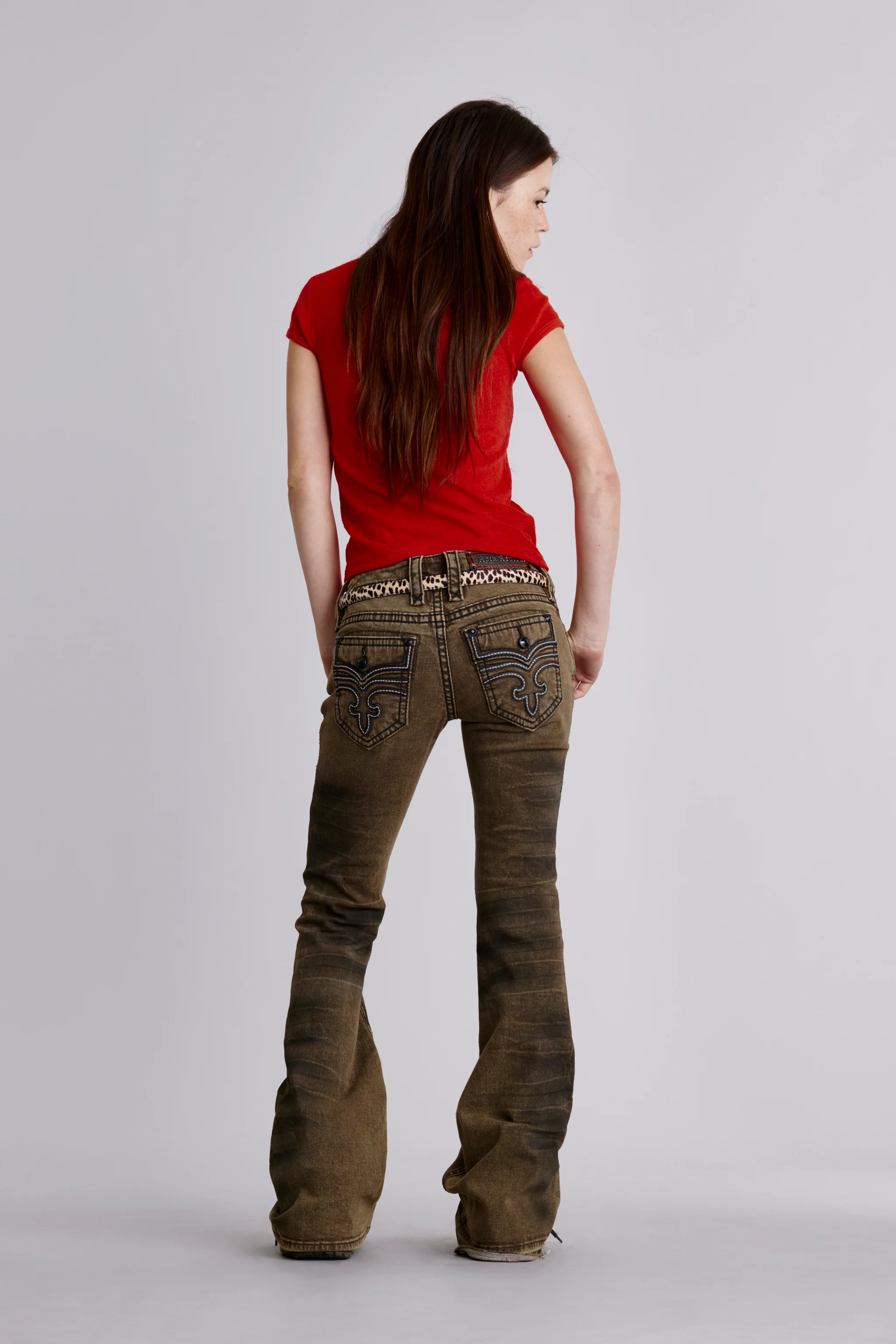Alivia Super Low-Rise Flare Leg Jeans in Olive - Image 7