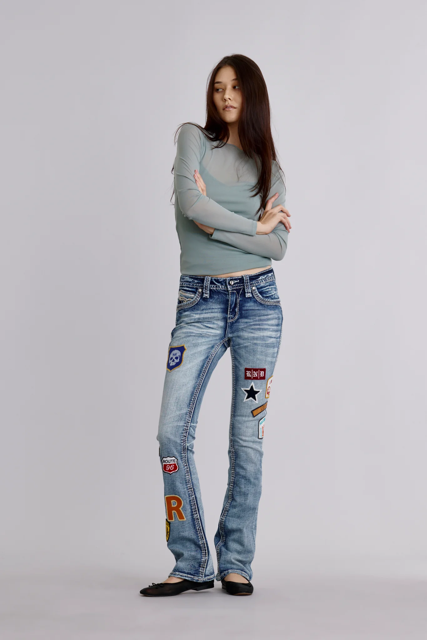 Asha Patched Bootcut Jeans In Blue