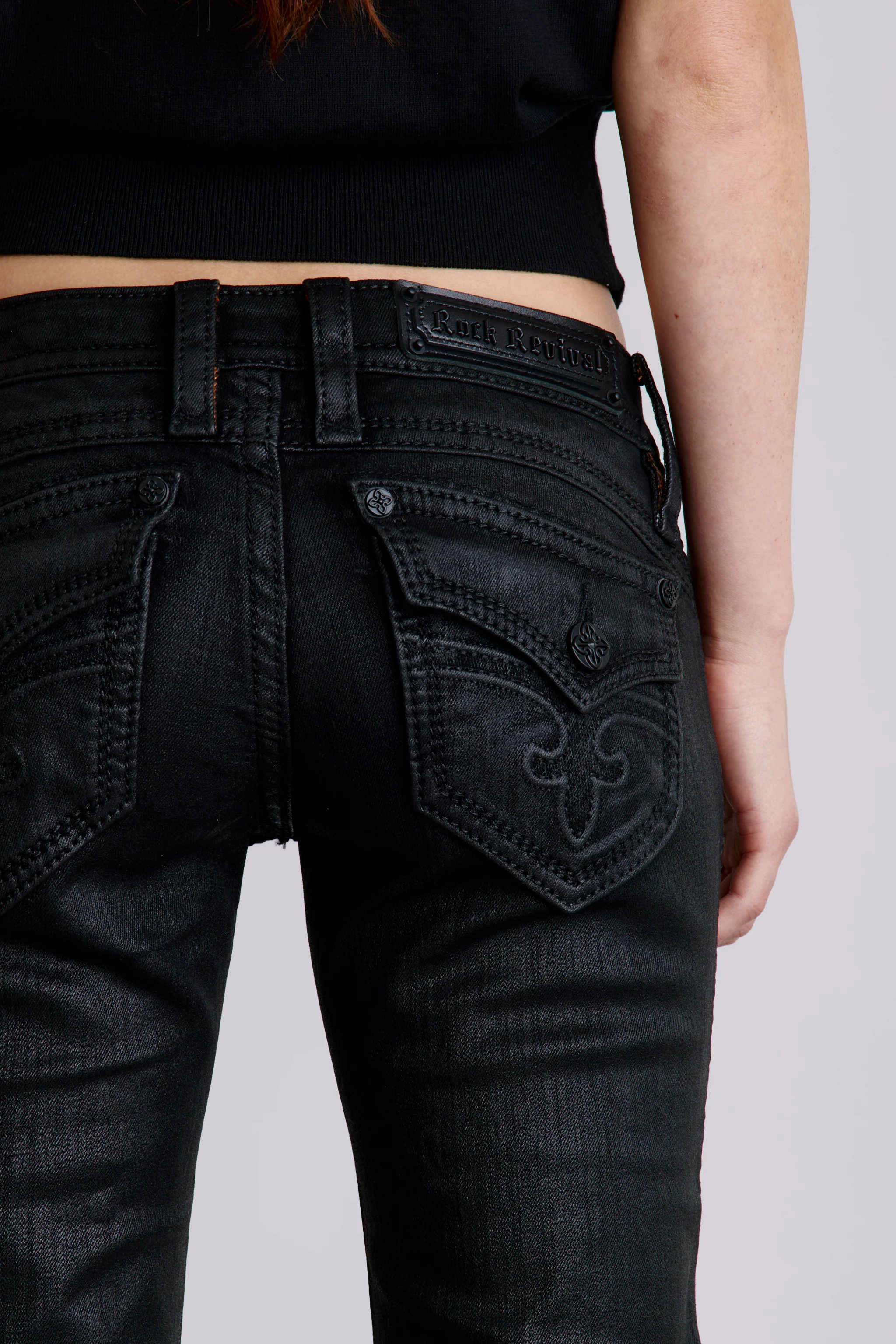 Gwen Black Super Low-Rise Bootcut Jeans in Black Coating - Image 4