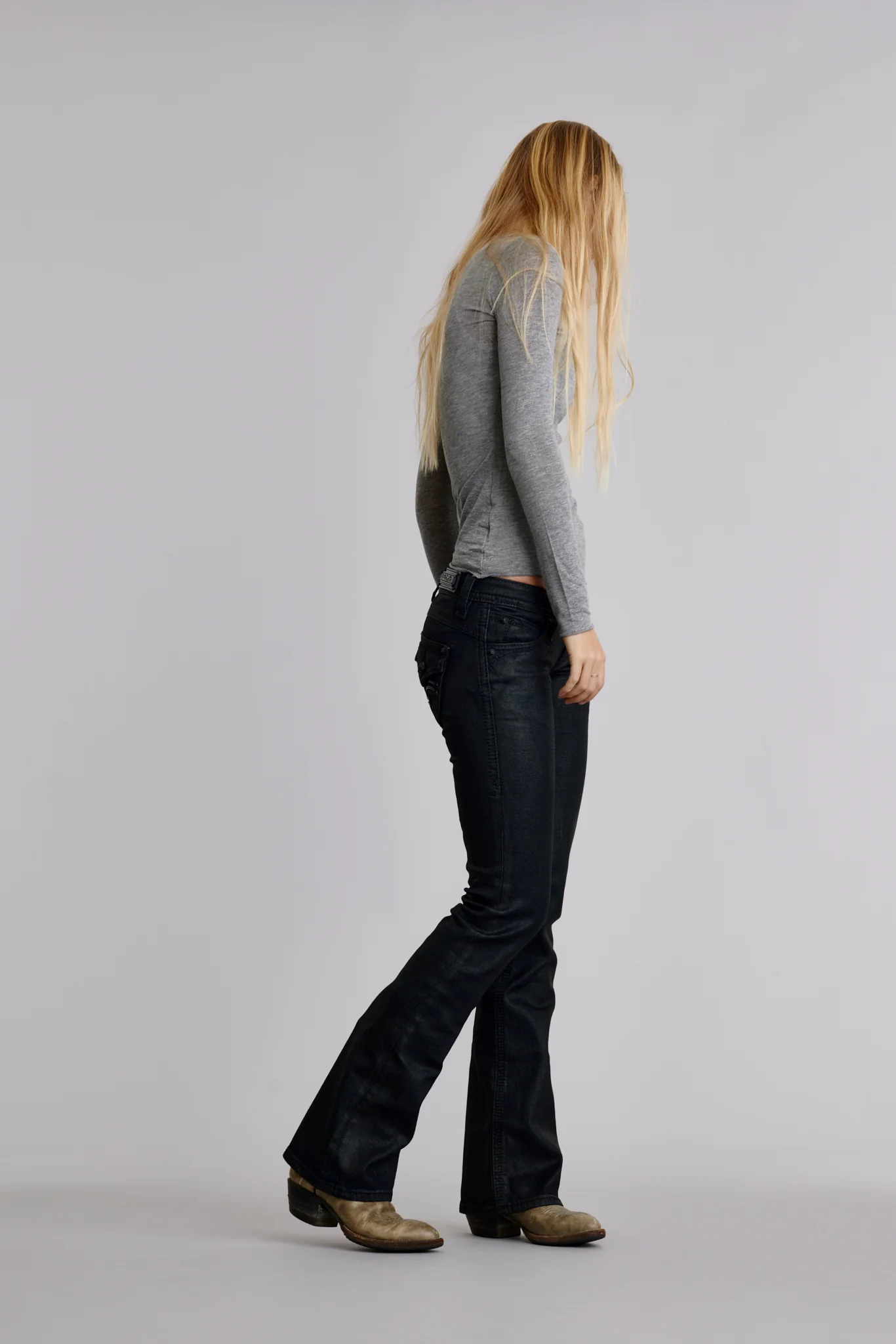 Gwen Indigo Super Low-Rise Bootcut Jeans in Black Coating - Image 2