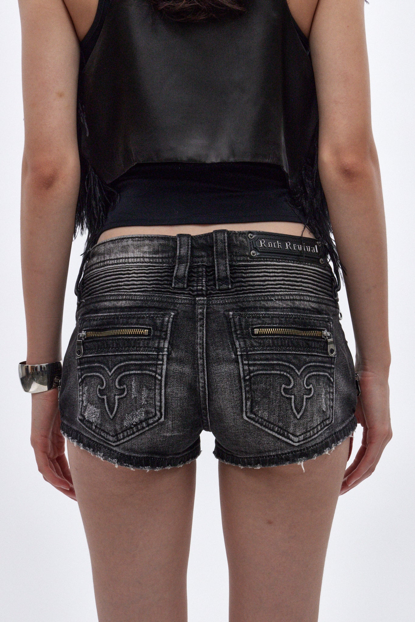 Janis Super-Low Mini Denim Shorts in Faded Black - Image 4