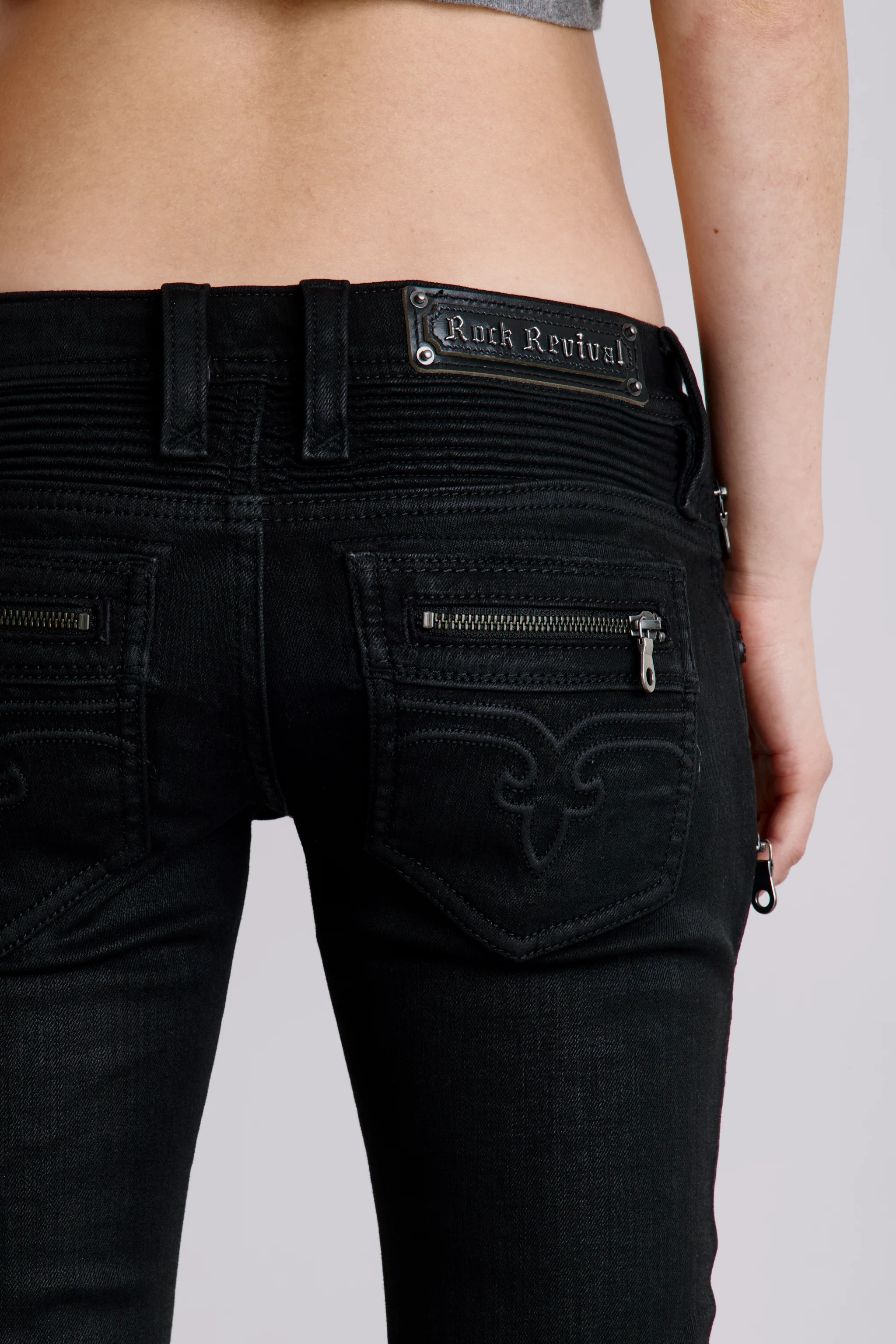 Kamil Super Low-Rise Moto Bootcut Jeans in Black/Coating - Image 3