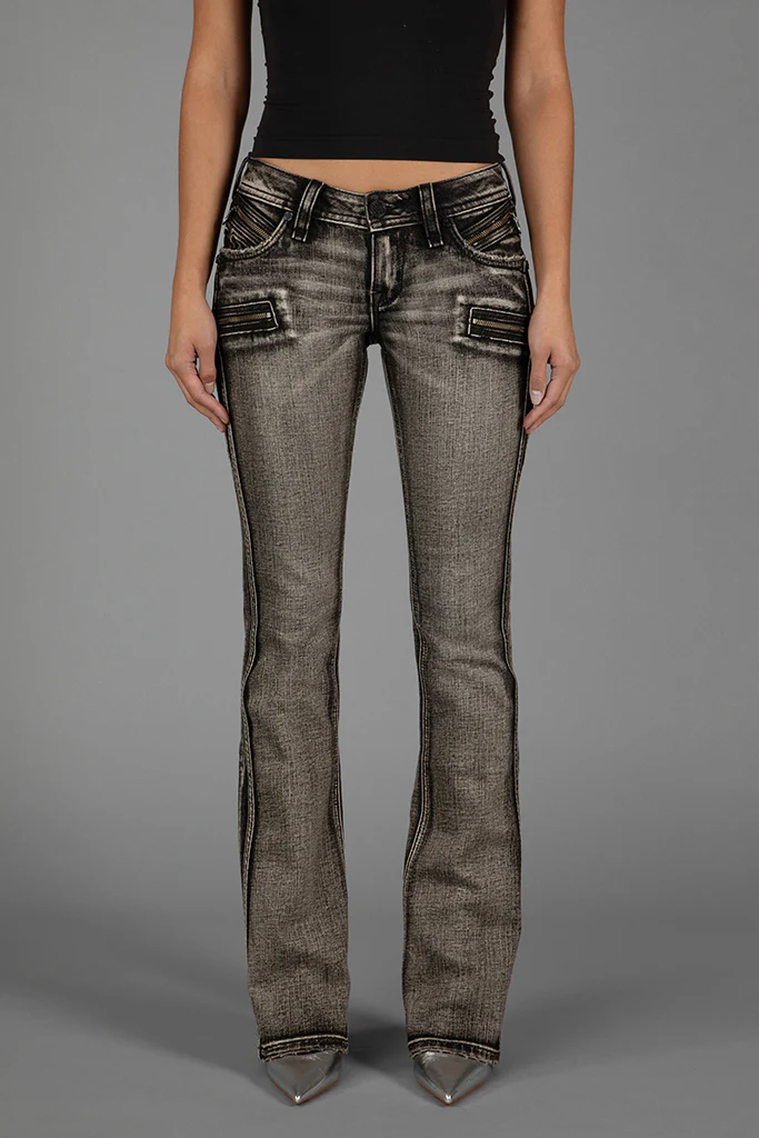Kamil Super Low-Rise Moto Bootcut Jeans in Gray - Image 4