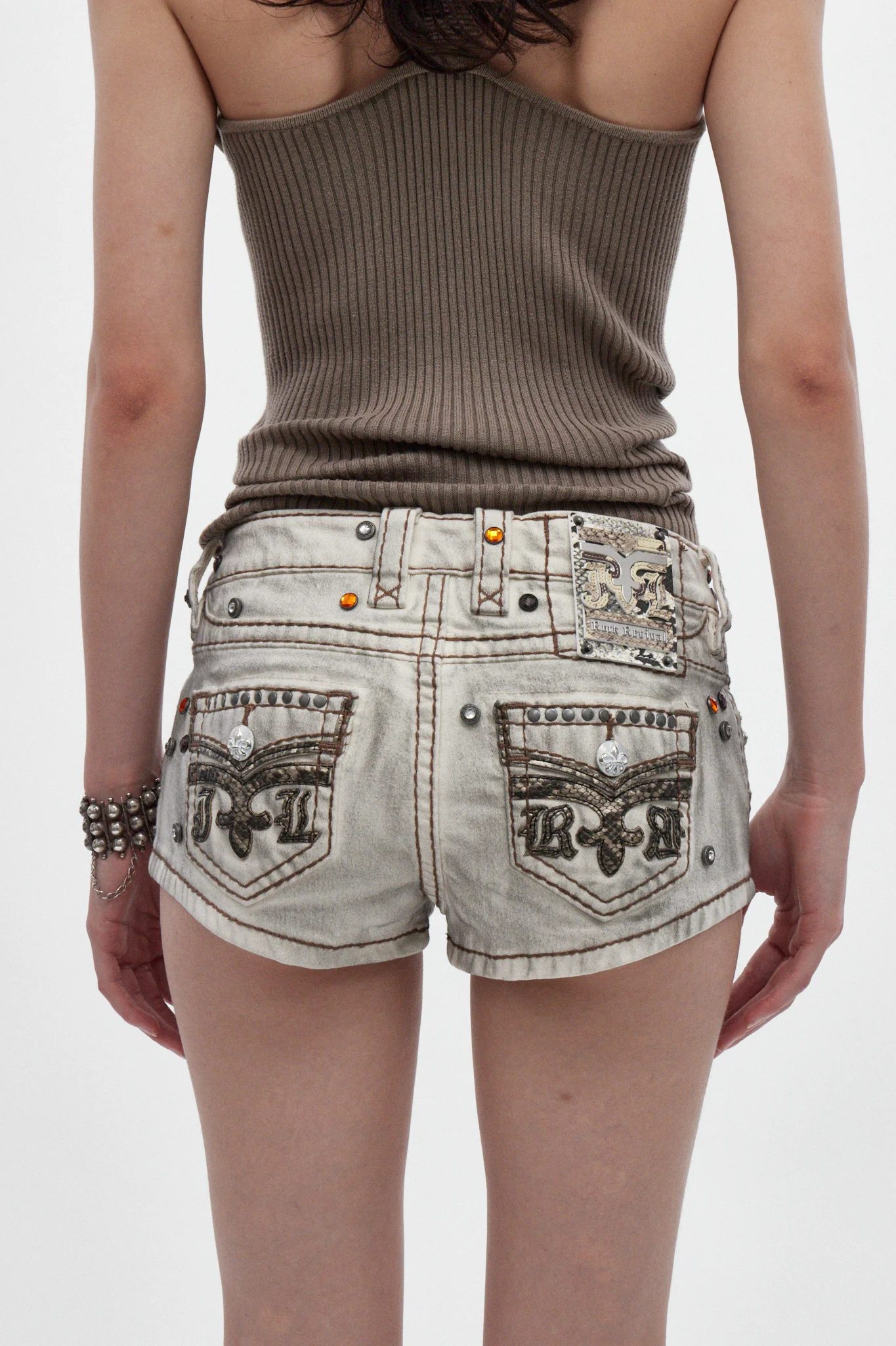 Rock Revival by Jaded London Dirty White Denim Mini Shorts - Image 5